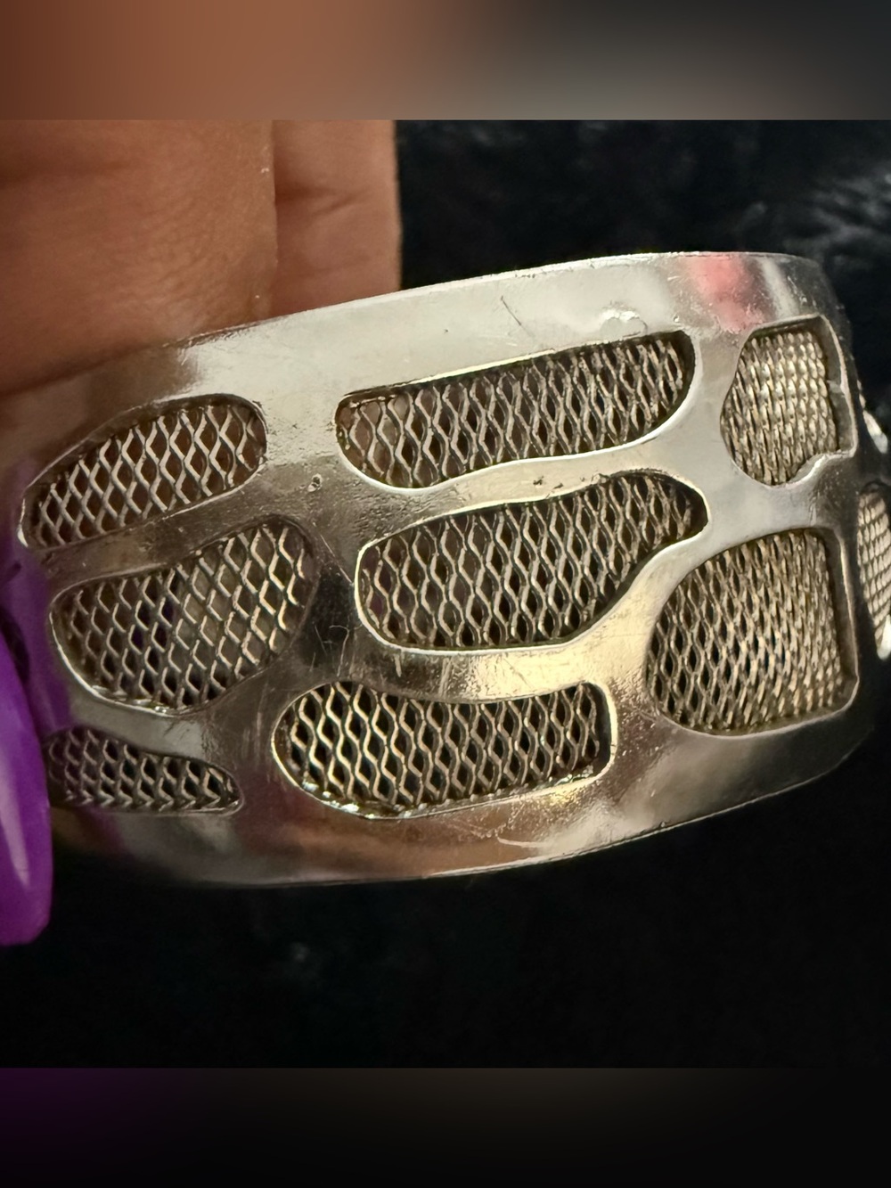 Vintage 1970s Silvertone Mesh Cutout Wide Modernist Cuff Bracelet